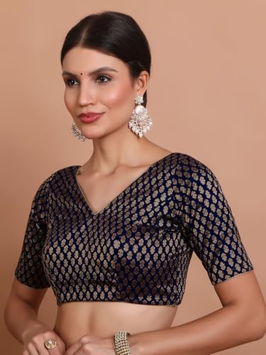 S SALWAR STUDIO Navy Blue Brocade V Neck Readymade Blouse