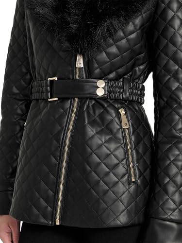 GUESS Women's Oprah Fur Collar Diamond Faux Leather Jacket, Black (Jet Black), L