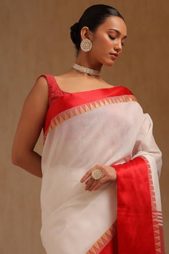 Soch Womens White Cotton Solid Saree