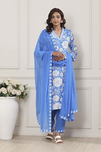 Biba Women Blue Viscose Rayon Straight Suit Set_32