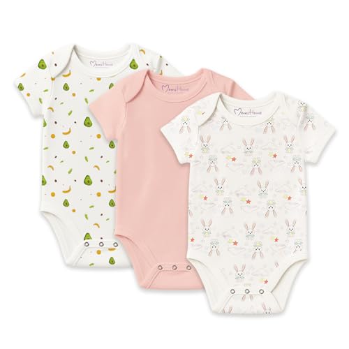 MOM'S HOME Organic Cotton New Born Baby Unisex Onesie - Pack of 3 | 0-3 Months | Lemon, Blue, Heart