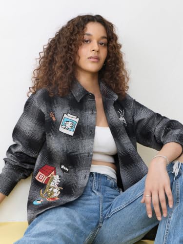 The Souled Store Pets Stories: Dalmations Women and Girls Full Sleeves Collared Black Plaid Cotton Oversized Fit Breathable Comfortable Buttoned Shirt