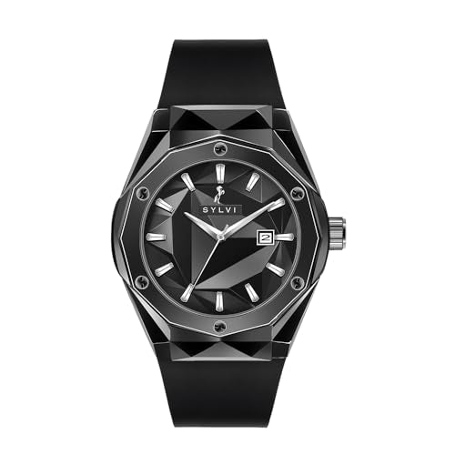 Sylvi Imperial Analog Watch for Men, Black Dial with 40mm Stainless Steel Case, Silicone Strap, 3 ATM 30m Water Resistant, Mineral Glass, Quartz Date Display, Slim Formal & Casual, 1 Year Warranty
