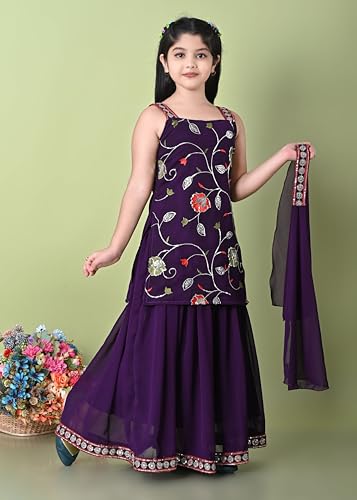 SPAMitude - Georgette Embroidery Sequin Kurta, Skirt and Dupatta Set for Girls – Ethnic Party Dress I Birthday Trendy Classic Outfit I Square Neck Sleeveless (PURPLE, 12-13 YEARS)