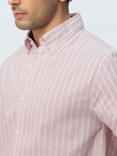 The Souled Store Slim-Fit Shirt: Lilac Stripes Men and Boys Long Sleeves Collared Neck Buttonfront Striped Regular Fit Lightweight All-Season Cotton Shirt