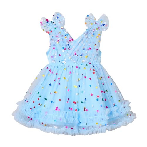 Hopscotch Girls Blue Sleeveless Polka Dot Bow Applique Dress for Age (3-4 Years)