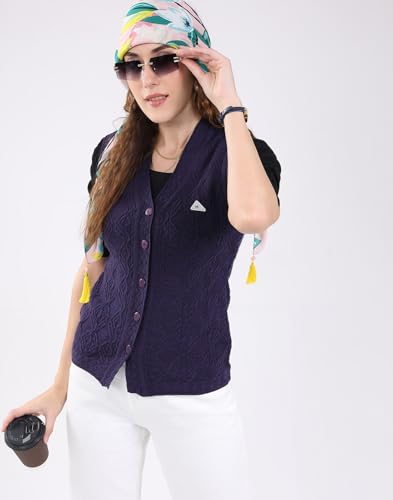 Monte Carlo Women's Regular Fit Self Design V Neck Sleeveless Cardigan| Warm Woolen Buttoned Sweater for Ladies | Stylish Knitted Cardigan for Women's Purple M