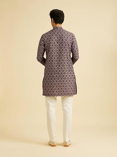Manyavar Men's Cotton Blend Digital Print Long Kurta (Wine,XL)