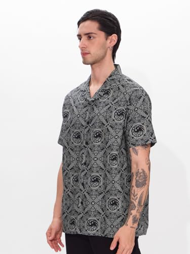 The Souled Store Official House of The Dragon: Fire Reigns Supreme Men and Boys Short Sleeves Collared Neck Button Front Grey All Over Printed Cotton Holiday Shirts