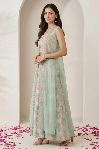 Wishful Women's Sea Green Embroidered Blouse with Printed Flared Skirt and Embroidered Jacket Set - (SP13601-225005-XL)