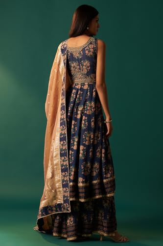 Wishful Women's Navy Blue Floral Printed Beaded Anarkali Modal Satin Kurta with Culottes and Dupatta Set (SP12626-125810-L)