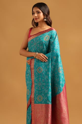 Soch Womens Teal Silk Ethnic Motifs Zari Woven Saree