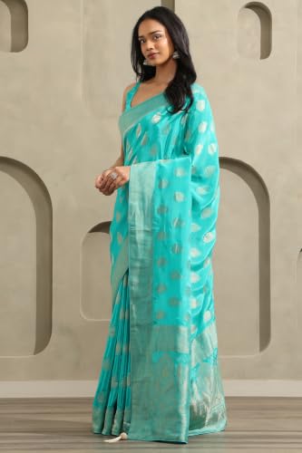 Soch Womens Turquoise Blue Crepe Ethnic Motifs Zari Woven Saree
