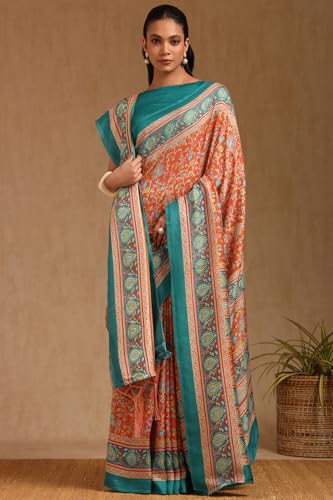 Soch Womens Orange Pashmina Floral Print Saree