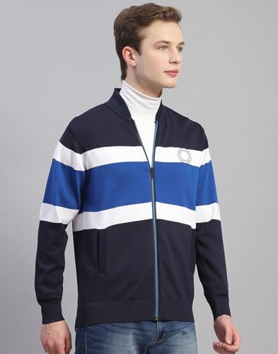 Monte Carlo Mens Navy Blue Striped Mandarin Collar Full Sleeve Polyester Casual Sweater (1239384FZ-1-40)