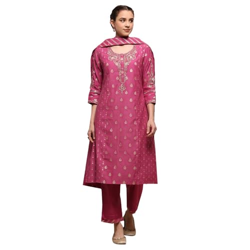 Biba Women's Cotton Jacquard Kurta Set (SKDVRNSI30719AW25PINK_Pink