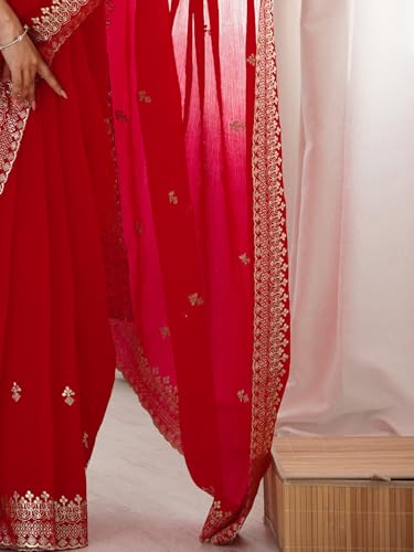 AKHILAM Women's Red Satin Silk Embellished Saree With Unstitched Blouse Piece (KRIYNS5305_KH)