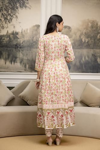 NIVANA Embroidered & Floral Printed Anarkali Kurta with Pant & coordinated Dupatta | S | White | Floral | Anarkali