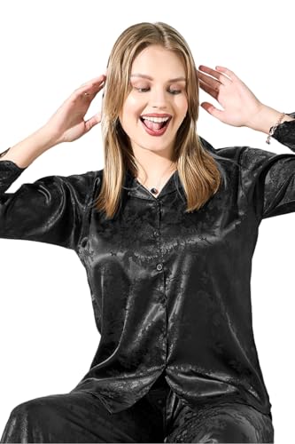 Kattly Nightsuit for Women | Luxury Coord Sets | Satin Loungewear | Women's Satin Nightsuit Set | Comfortable Pajama Set for Womens (Plus Size, Black-1, M)