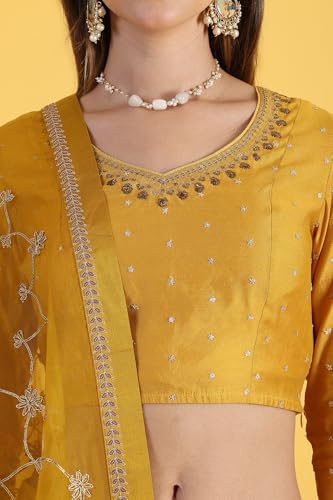 W for Woman Yellow Metallic Embroidery Crop Top & Skirt with Dupatta Set (Size: M)-24AUWS31123-400772