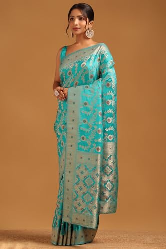 Soch Womens Turquoise Blue Satin Floral Saree With Zari Work
