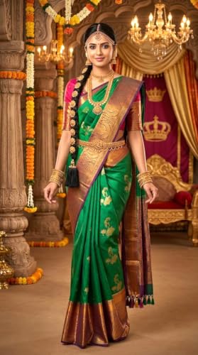 VFCollections Women's Traditional Handloom Kanchipuram Silk Pure Pattu Sarees | Rich Zari Woven Design | Unstitched Blouse (VFC519-2)