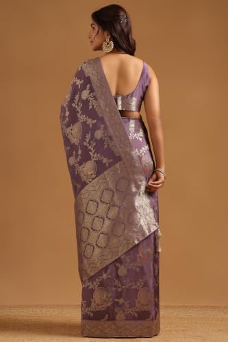 Soch Womens Lavender Satin Botanical Zari Woven Saree