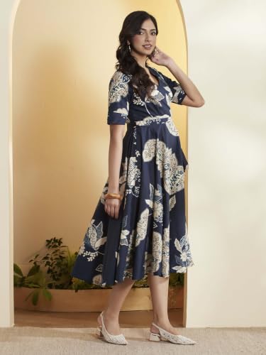 BIBA 100% Cotton Printed Semi-Formal Kalidar Dress Blue