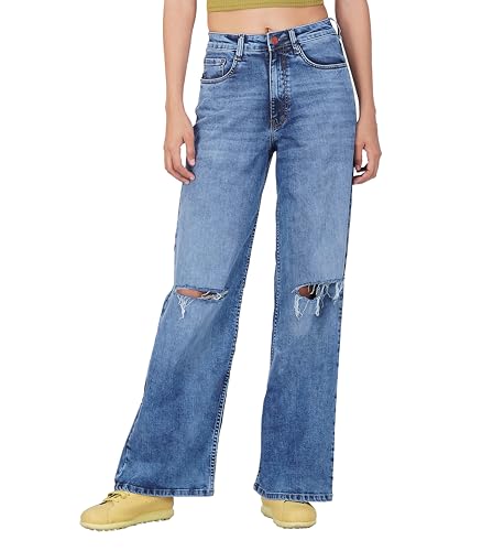 i'sol Women's Stretchable High Rise Flare Fit Bell Bottom Jeans, Blue, 30