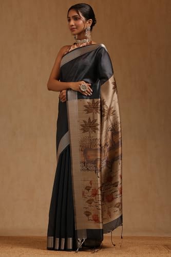 Soch Womens Grey Tussar Botanical Printed Saree
