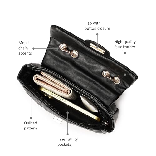 Fastrack Black PU Structured Quilted Sling Bag for Women, Girls and Ladies | Polished Quilted Chic Exterior | Chain Crossbody Handbag | Ladies Purse Handbag