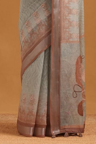 Soch Womens Olive Linen Digital Printed Botanical Machine Embroidered Saree