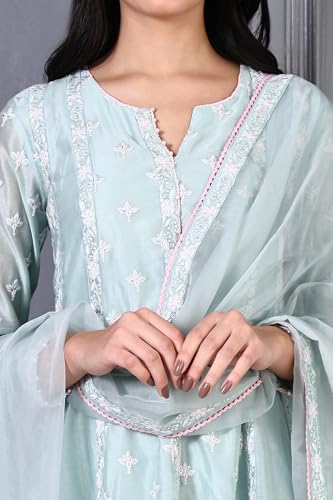 Wishful Women’s Thread Embroidered Silk Chanderi Flared Kurta and Straight Pant, Dupatta Set (Size: XL)-SP12468-400951