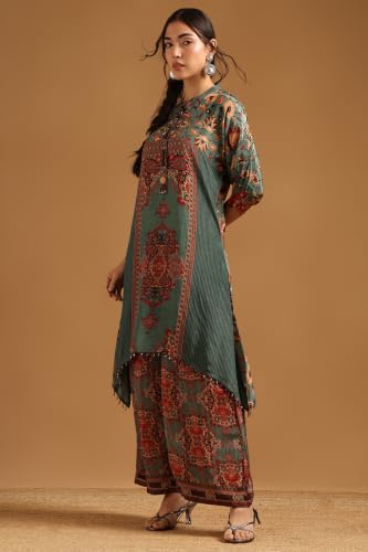 Soch Womens Green Crepe Ethnic Motifs Printed Co-Ord Set With Beads