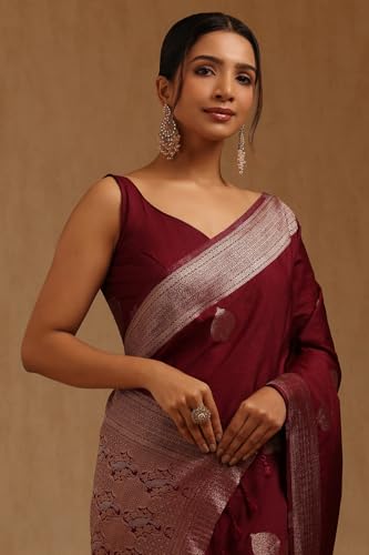 Soch Womens Wine Viscose Silk Ethnic Motifs Zari Woven Saree