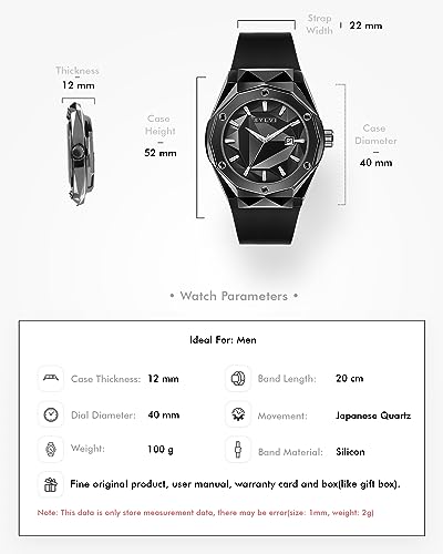 Sylvi Imperial Analog Watch for Men, Black Dial with 40mm Stainless Steel Case, Silicone Strap, 3 ATM 30m Water Resistant, Mineral Glass, Quartz Date Display, Slim Formal & Casual, 1 Year Warranty