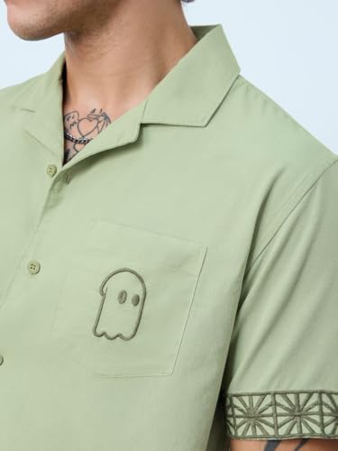 The Souled Store Cotton Linen: Aura Men and Boys Short Sleeves Collared Neck Green Embroidered Regular Fit Cotton Linen Shirt