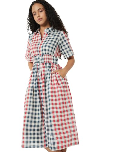 Max Women Checked A-line Shirt Dress(Multicolour_M)