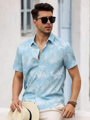 VastraVibes Men’s Tropical Printed Casual Shirt | Slim Fit Short Sleeve Summer Shirt | Lightweight Breathable Fabric | Beach & Vacation Wear (in, Alpha, L, Regular, Sky Blue)