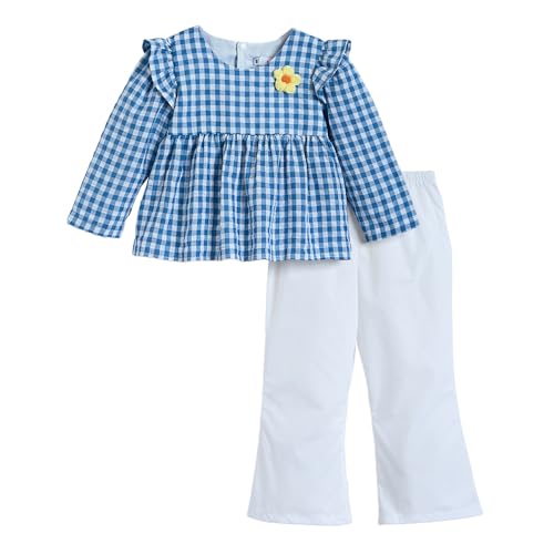Hopscotch Girls Blue Full Sleeves 2-Pc Floral Applique Checkered Pant Set For Age (5-6 Years)