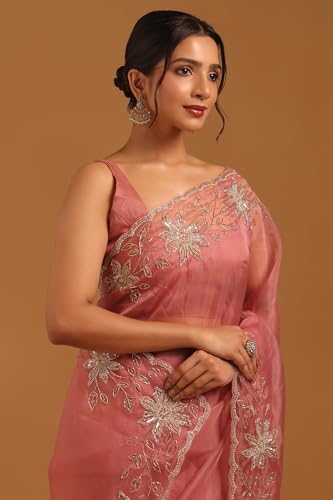 Soch Womens Pink Organza Floral Saree With Cutdana