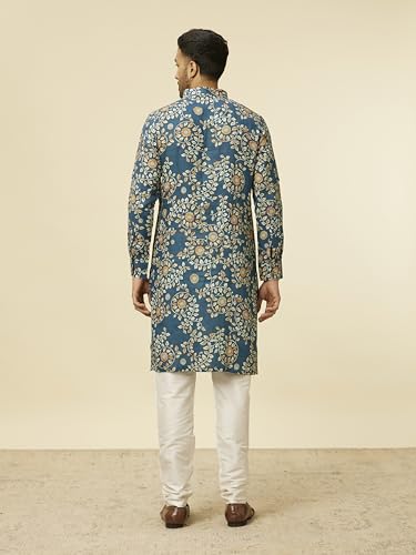 Manyavar Men's Teal Blue Bel Buti Patterned Kurta (M)