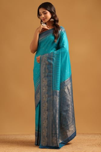 Soch Womens Turquoise Blue Silk Blend Ethnic Motifs Zari Woven Saree