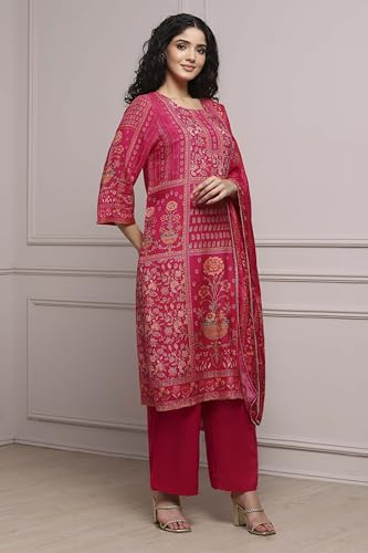 Biba Women Pink Viscose Rayon Straight Printed Suit Set_32