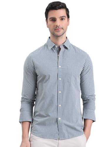GO COLORS Collared Casual Check Shirt for Men | Pure Cotton, Full Sleeves, Regular Fit, Patch Pocket | (Dark Jean Blue, 44)