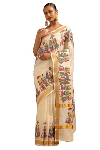 Soch Womens Cream Cotton Madhubani Printed Kasavu Saree