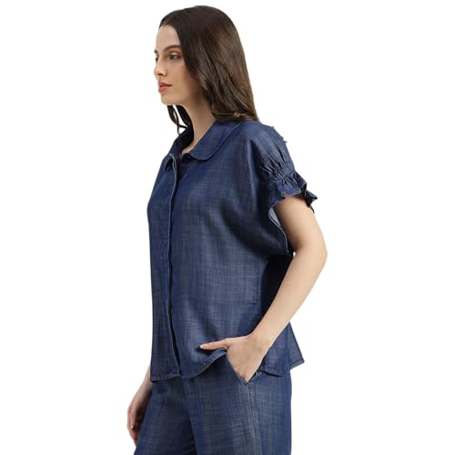 United Colors of Benetton Regular Fit Peter Pan Collar Solid Tencel Top (Size: M) - 26P5TOPTNC02I902 Blue