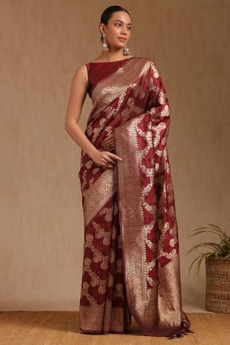 Soch Womens Maroon Tussar Floral Print Saree With Zari Woven