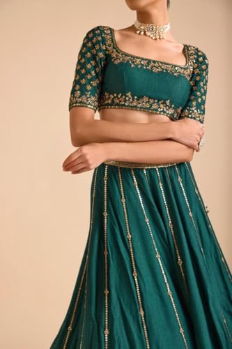 JIHU CULTURE Dark Green Vichitra Silk Sequence Embroidery Work Semi- Sttiched Lehenga Choli Set For Women's-JH254GRN