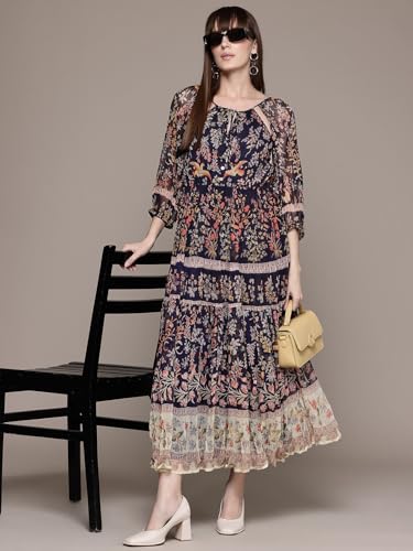 Label RITU KUMAR V Neck Full Sleeves Printed Long Dress Navy